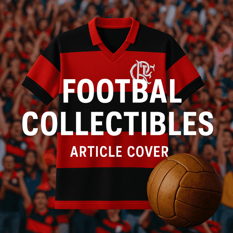 Capa do artigo sobre colecionismo no futebol com camisas retrô, bolas antigas e chuteiras clássicas